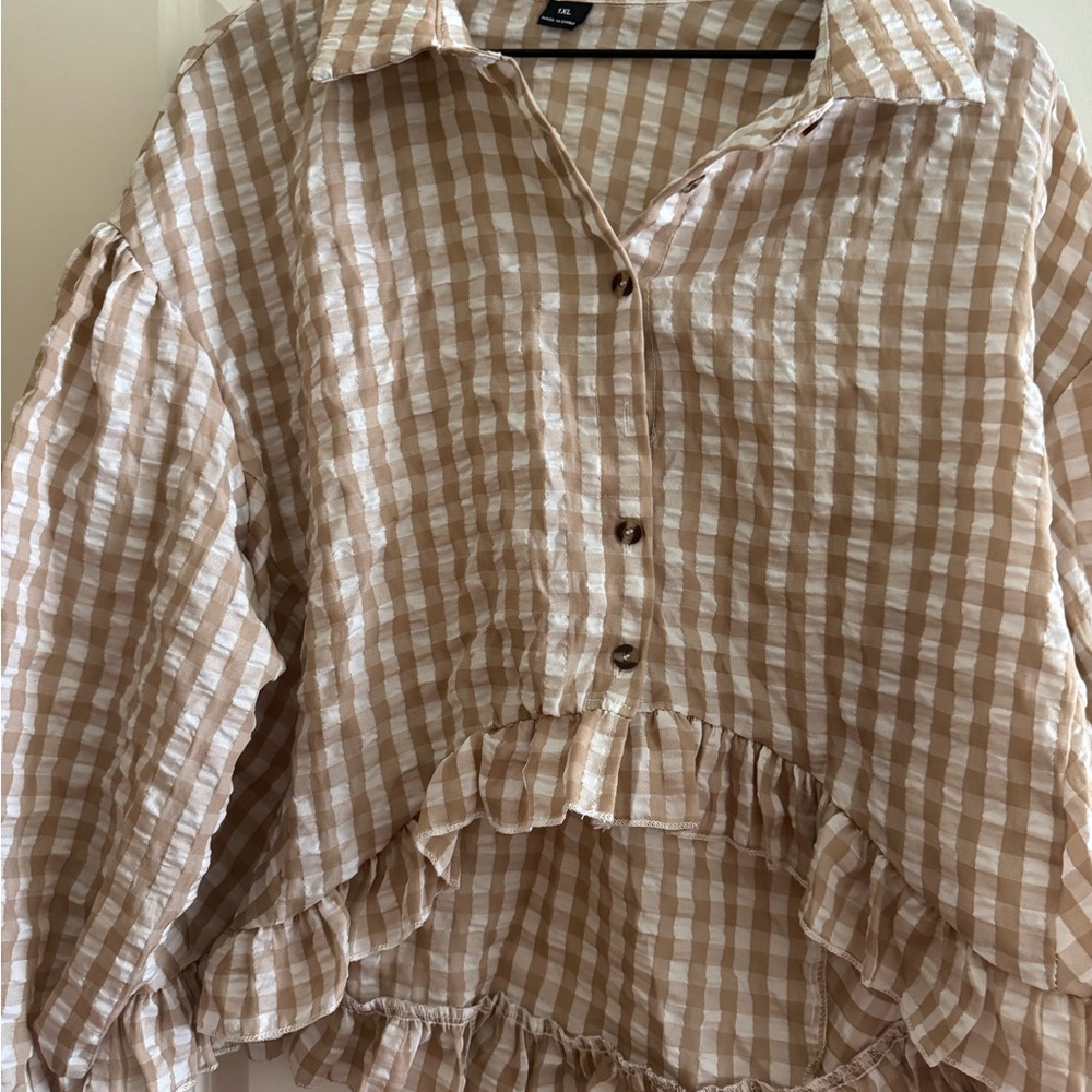 SHEIN Beige Checkered Ruffle Blouse